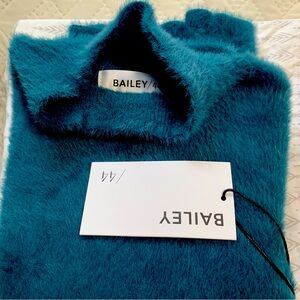 Bailey 44 Teal Blue Fuzzy Sweater Mock Neck 3/4 sleeve New With Tags